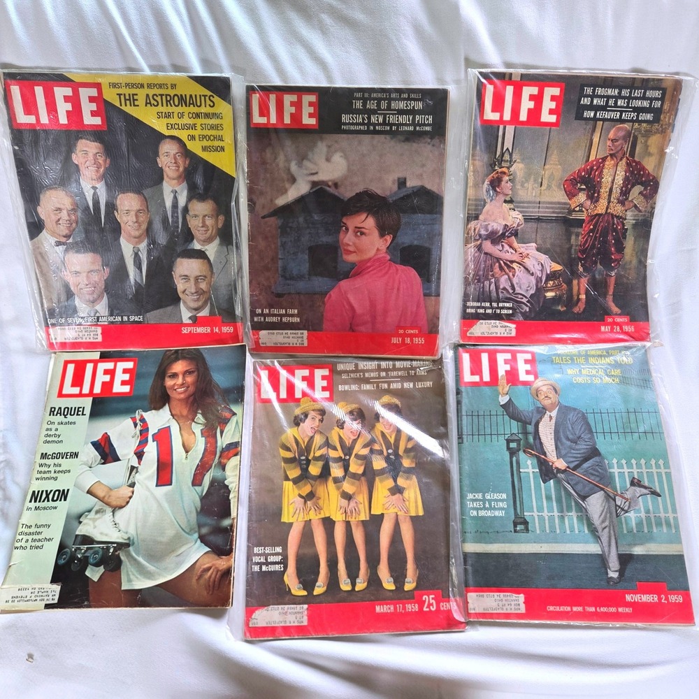 LIFE Magazine Lot 6 Vintage Audrey Hepburn Astronauts Raquel Welch 1950s 1970s